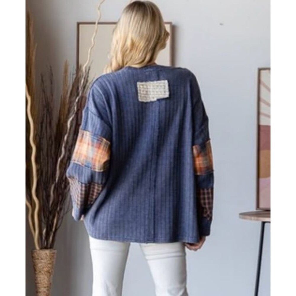 Oli & Hali top Peace sign oversized Sweater OLI HALI pockets plaid NWOT blue new - Picture 2 of 12